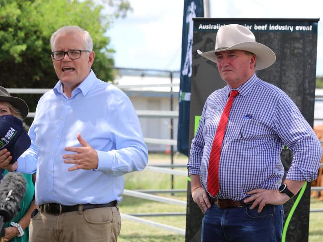 The Coalition is one big happy family, except for those times when it’s not. PM Scott Morrison, and Deputy PM Barnaby Joyce on the hustings in Rockhampton recently.