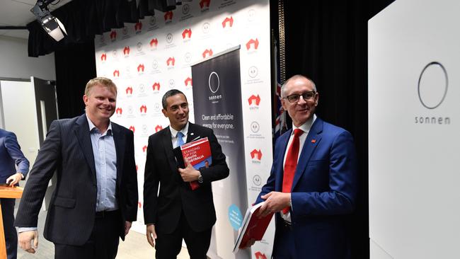 Sonnen Australia managing director Chris Parratt with Energy Minister Tom Koutsantonis and Premier Jay Weatherill during the battery announcement. Picture: AAP / David Mariuz