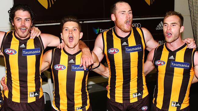 Hawthorn players celebrate their win over Geelong. (Photo by Michael Dodge/Getty Images)