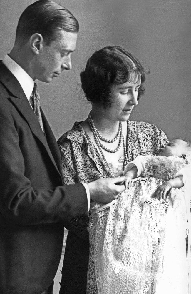 The Queen as a newborn in 1926 with her parents, the then Duke and Duchess of York. Picture: AFP