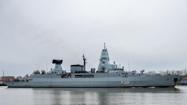 The German Navy frigate "Hessen" departs for deployment in the Red Sea. Picture: Getty Images.