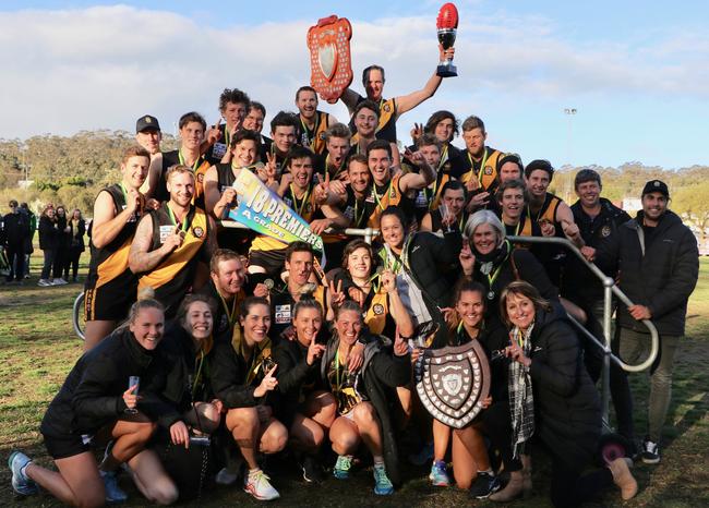 Brinkworth-Spalding-Redhill Tigers A grade footballers and netballers celebrate both winning their grand finals on Sunday. Picture: Bronwyn Mumford