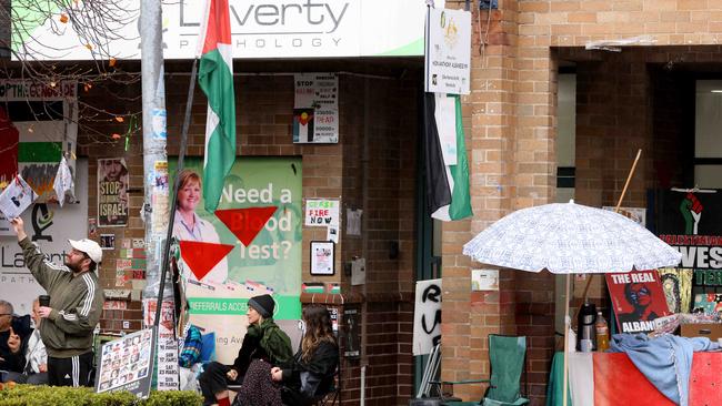 SYDNEY, AUSTRALIA - NewsWire Photos JUNE 6, 2024:  Pro-Palestine protesters posters and graffiti outside the building that houses the offices of Prime Minister Anthony Albanese on Marrickville road in Marrickville.Picture: NewsWire / Damian Shaw