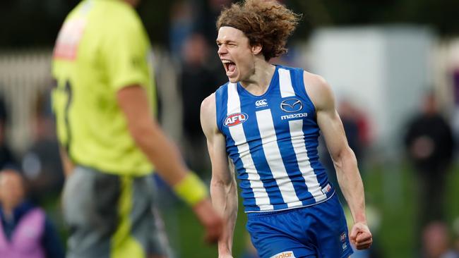 Ben Brown celebrates a goal in Hobart.