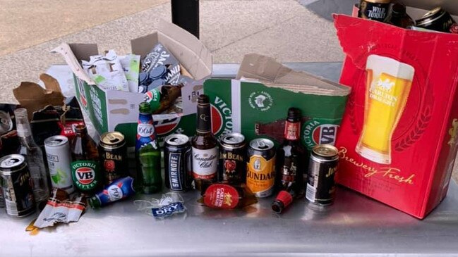 The empty bottles and rubbish found at Windsor Siding Park on October 30. Picture: Mike Scott.