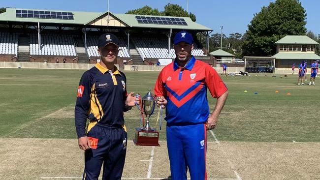 Central Coast captain Broc Hardy (left), pictured with Newcastle skipper Nick Foster, before last summer’s men's Country Championship final. Photo: Central Coast Cricket Association.