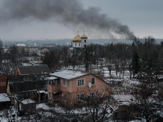 Black smoke rises after shelling in Bakhmut amid the Russian invasion of Ukraine. Picture: AFP