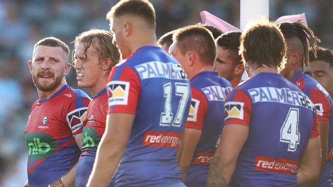 Jackson Hastings and his Knights teammates during a trial match against the Cronulla Sharks at Industree Group Stadium. Picture: Jason McCawley/Getty Images