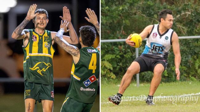 Maroochydore player Cooper D’Elton and North Shore Jets star Frankie Robinson. Pictures: Aussie Active and SportsDayPhotography.