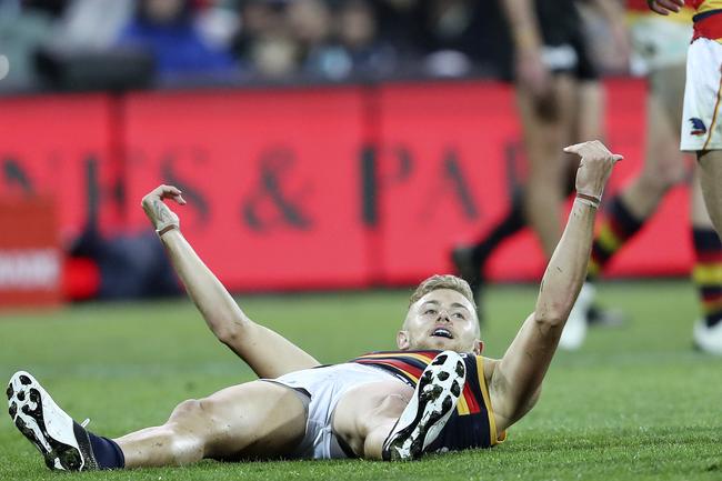 Adelaide midfielder Hugh Greenwood celebrates snapping a goal against Port Adelaide in Showdown 46 at Adelaide Oval. Picture Sarah Reed