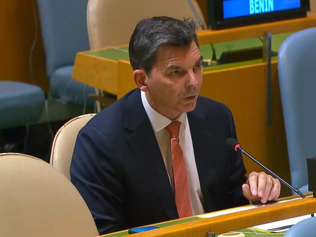 Australia's UN Ambassador James Larsen addressing the General Assembly on December 12, 2024, at UN headquarters in New York. Picture: United Nations