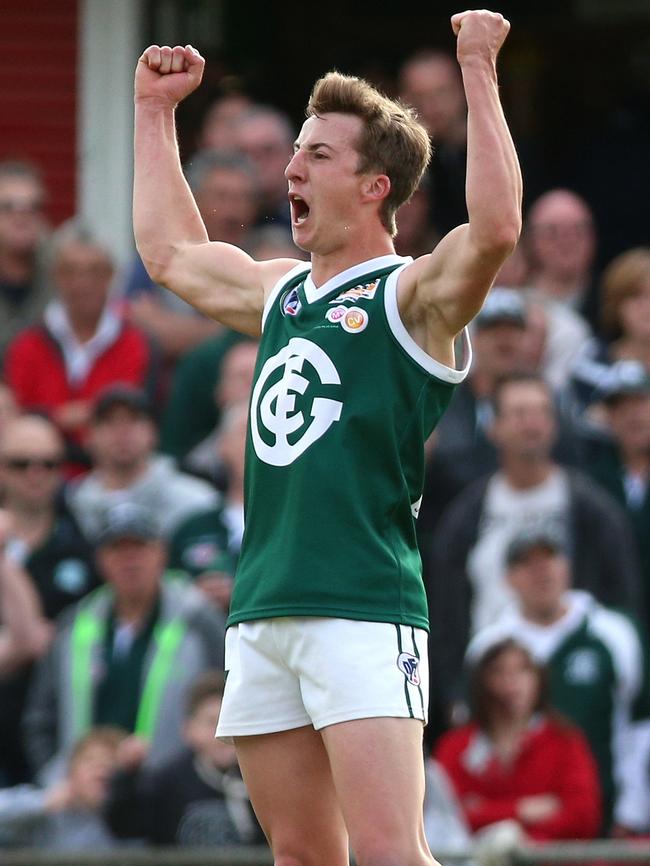 Jack Johnston celebrates a goal in Greensborough’s 2014 premiership. Picture: Mark Dadswell