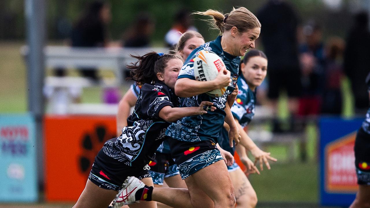 Territory All Stars captain Shae Muhleisen makes a break in the 2023 Deadly Cup Carnival. Picture: Pema Tamang Pakhrin