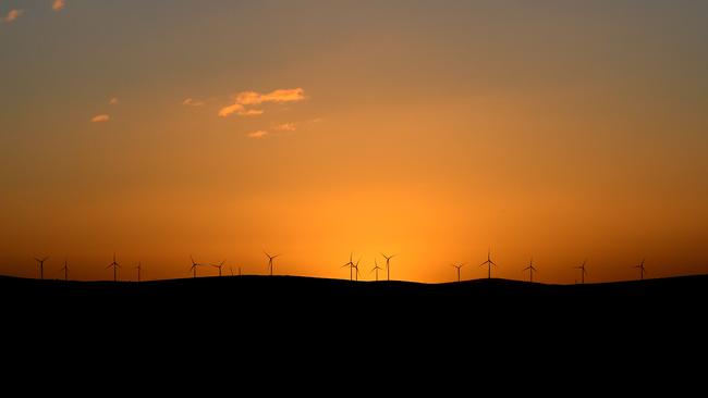 Sunset at wind farm near Jamestown, South Australia. Picture: BERNARD HUMPHREYS