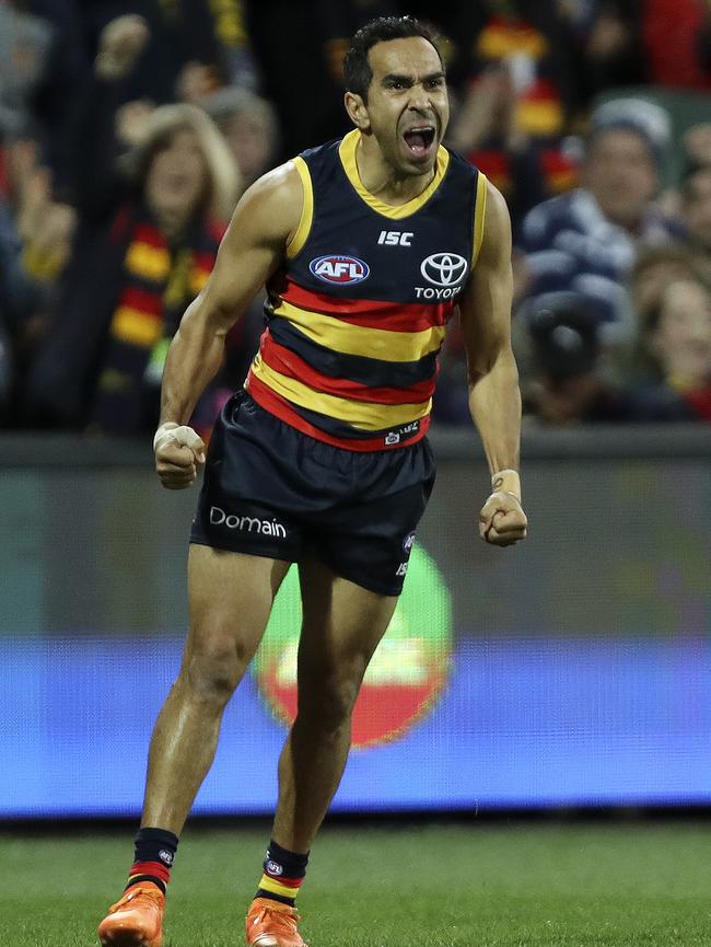 Eddie Betts celebrates a goal for Adelaide against Port on Saturday, but still regrets a pass that led to a crucial turnover. Picture SARAH REED