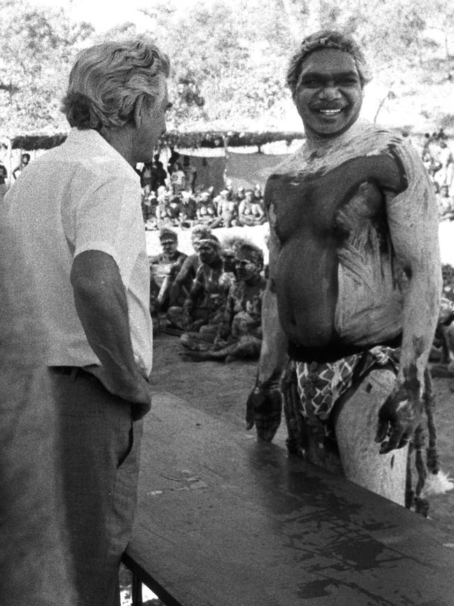 Bob Hawke with a young Galarrwuy Yunupingu 35 years ago in Barunga for the signing of the treaty. Picture: Clive Hyde