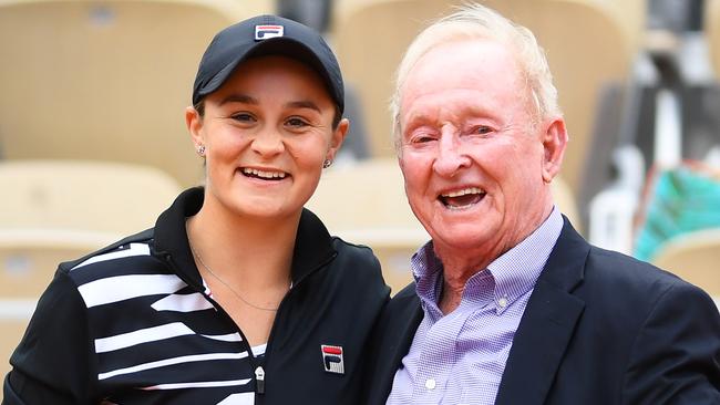 Ashleigh Barty of Australia celebrates her French Open win with Rod Laver. Picture: Clive Mason/Getty