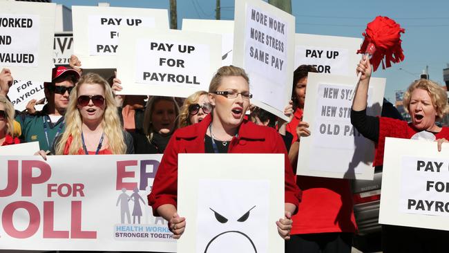 Queensland Health payroll staff protest their pay and conditions in 2011. 