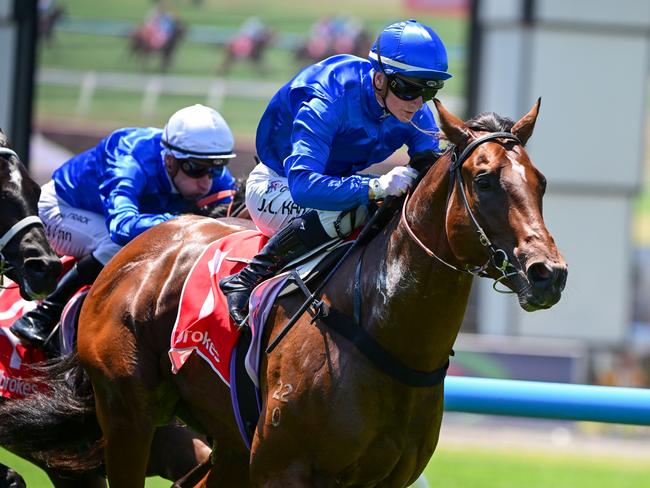 MELBOURNE, AUSTRALIA - FEBRUARY 11: Jamie Kah riding Barber defeats Little Brose and Corniche in Race 3, the Ladbrokes Blue Diamond Prelude C&g, during Melbourne Racing at Sandown Hillside on February 11, 2023 in Melbourne, Australia. (Photo by Vince Caligiuri/Getty Images)