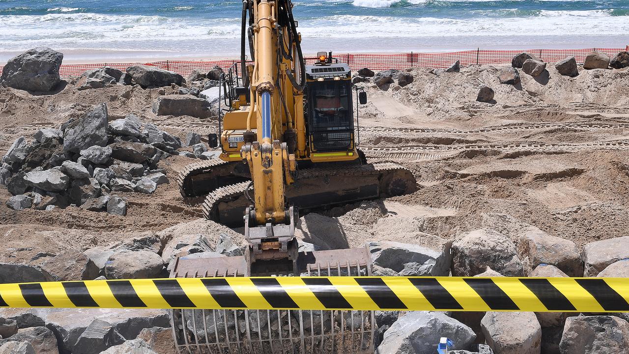 Seawall construction is underway at the Gold Coast as huge swells and dangerous surf have threatened serious erosion of the beaches. Picture: Dave Hunt