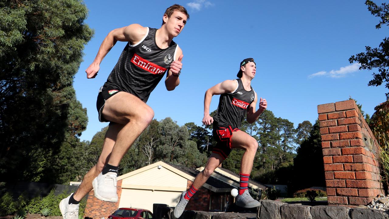 Brothers Callum and Tyler Brown working out at home in Donvale during last year’s season shutdown. Picture: David Geraghty / The Australian