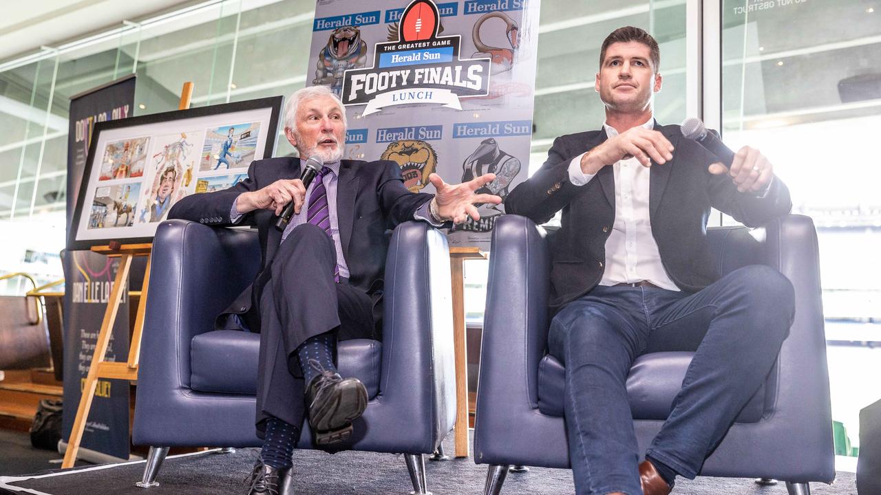 Mick Malthouse and Jonathon Brown at the Herald Sun Footy Finals Lunch. Picture: Jake Nowakowski