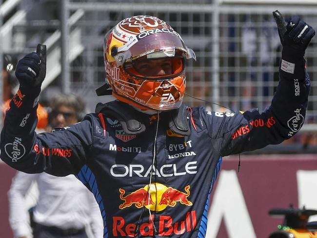 Red Bull Racing's Dutch driver Max Verstappen celebrates after the sprint session on the Red Bull Ring race track in Spielberg, Austria, on June 29, 2024, ahead of the Formula One Austrian Grand Prix. (Photo by ERWIN SCHERIAU / APA / AFP) / Austria OUT