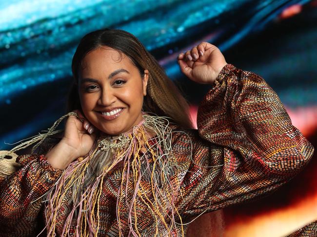 17/5/23: Jessica Mauboy wearing Miimi and Jiindawho is performing at the Indigenous Fashion Projects show for Afterpay Fashion Week on the catwalk. John Feder/The Australian.