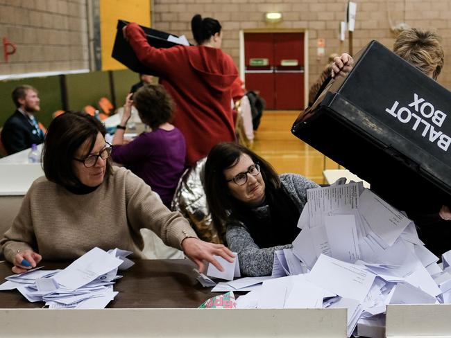 Volunteers begin to count ballot papers during the general election count at Mill Bank leisure centre in Hartlepool, England. Picture: Getty