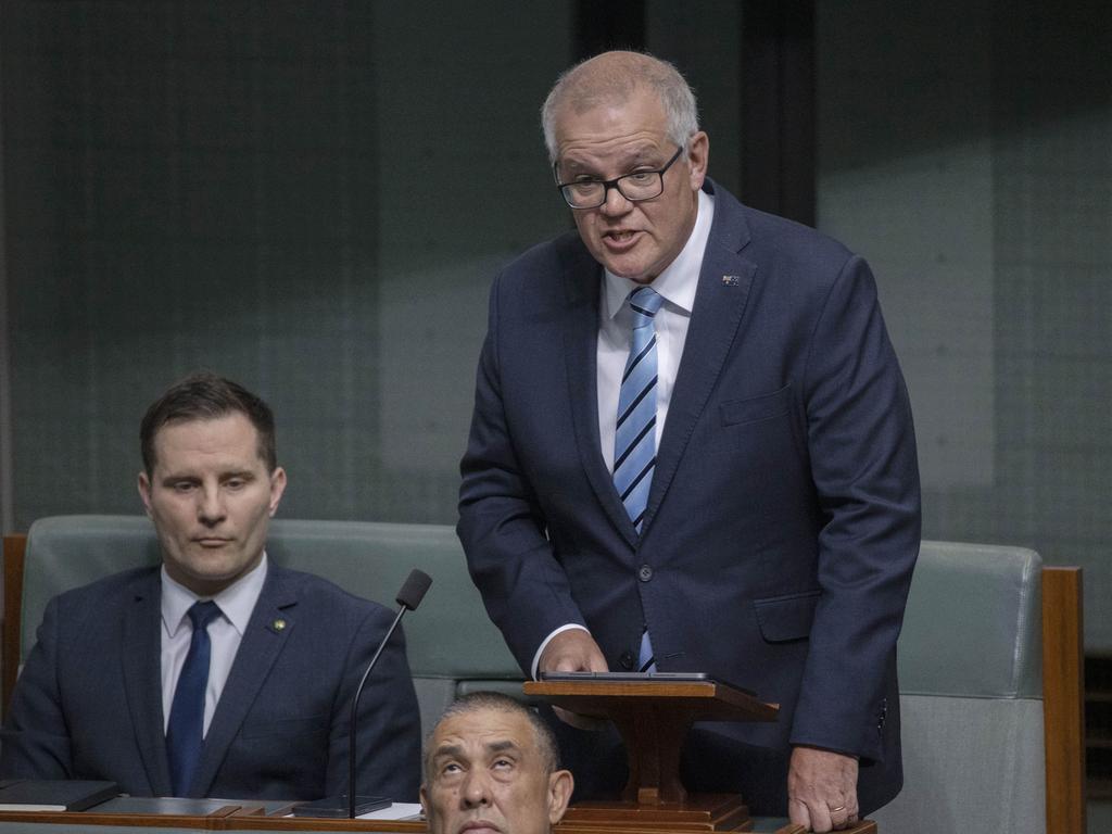 Former Prime Minister Scott Morrison facing a censure motion over the secret minister scandal, in Parliament House. Picture: NCA NewsWire / Gary Ramage