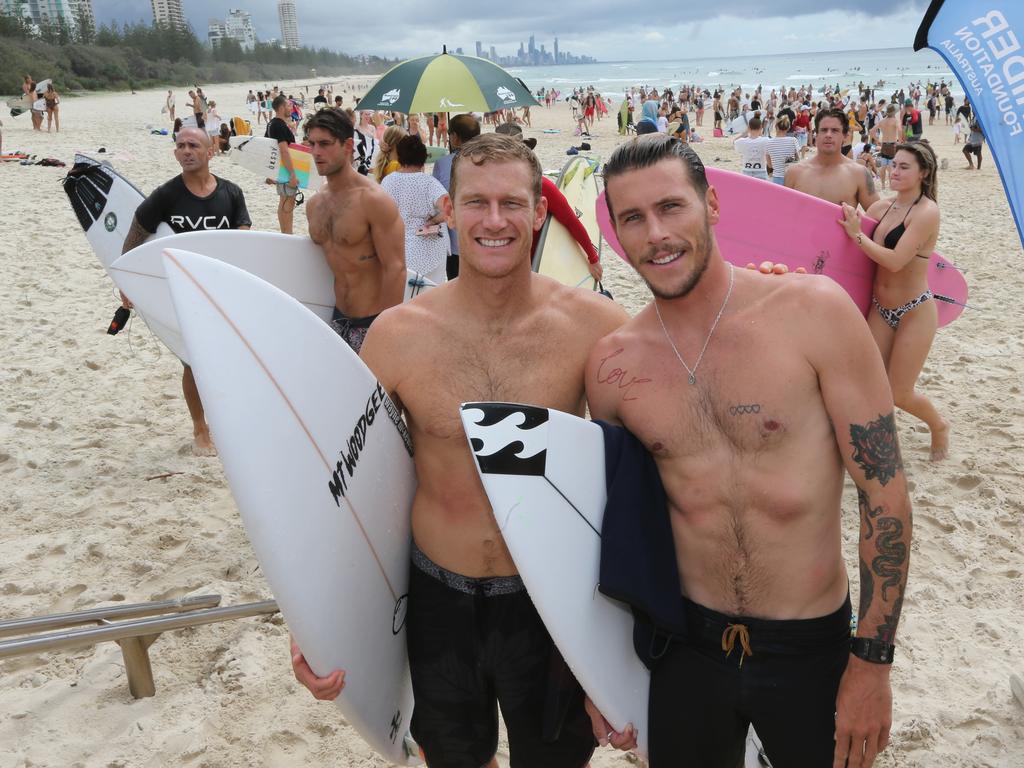 Protest at Burleigh against an oil company drilling in the Great Australian Bight. L-R Pro Surfers Bede Durbidge and Jack Freestone. Pic Mike Batterham