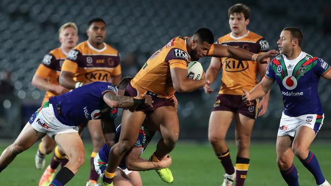 Payne Haas makes a charge for the Broncos. Picture: Getty Images