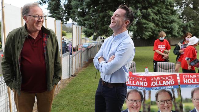 Winners are grinners — Michael Holland with Labor leader Chris Minns on Saturday. Picture: Gary Ramage