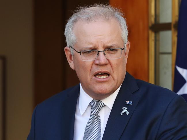 Prime Minister Scott Morrison along with Treasurer Josh Frydenberg announce a $800 million to enable businesses to take advantage of digital technologies to grow their businesses and create jobs as part of an economic recovery plan. Picture: Adam Taylor