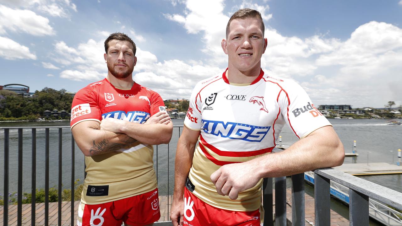 Jarrod Wallace and Tom Gilbert of the Dolphins. The new club joining the NRL has thrown the draw completely out. Picture: Josh Woning