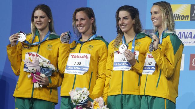 Bronte Campbell, second left, on the podium with Australia’s silver medal-winning 4x100m freestyle relay team in Budapest.