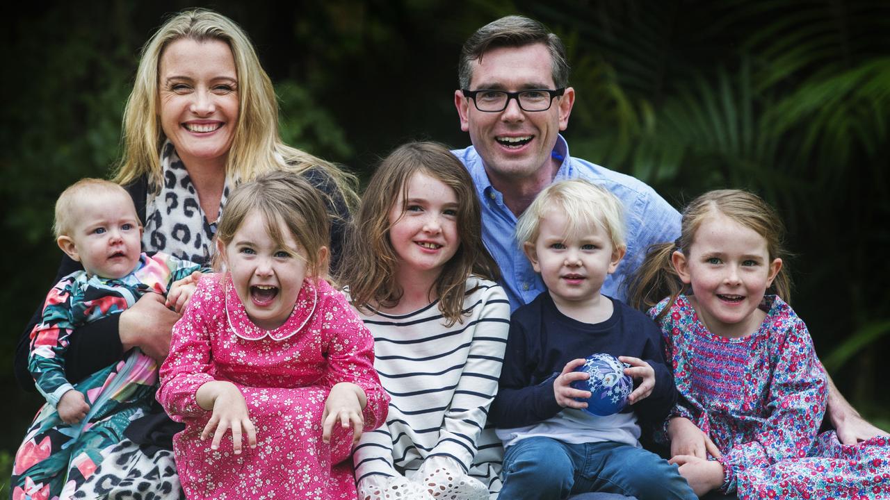 NSW Treasurer Dominic Perrottet pictured in 2018 with his wife Helen and kids Harriet eight months, William 2, Annabelle 4, Amelia 6, and Charlotte 8. Picture: Jenny Evans
