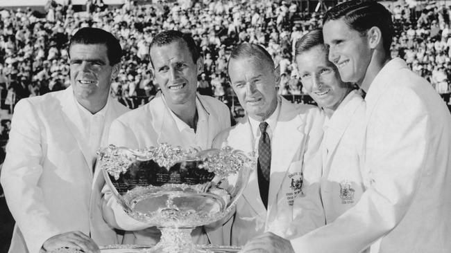 L - R, Bob Mark, Neale Fraser, team Captain Harry Hopman, Rod Laver and Roy Emerson of Australia celebrate with the winning Davis Cup. Picture: Central Press/Hulton Archive/Getty Images