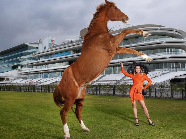 Victoria Racing Club Ambassador Georgia Connolly with Blowfly the  show horse in front of the new VRC The Club Stand at Flemington.EMBARGOED until Thursday 2 August. Picture : Ian Currie