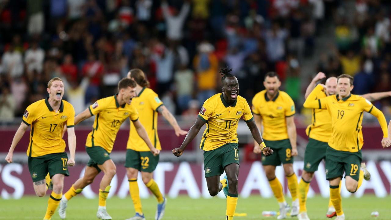 Australia celebrate their victory seconds after their dramatic penalty shoot out against Peru, evoking memories of their famous win over Uruguay in 2005. Picture by Mohamed Farag/Getty Images