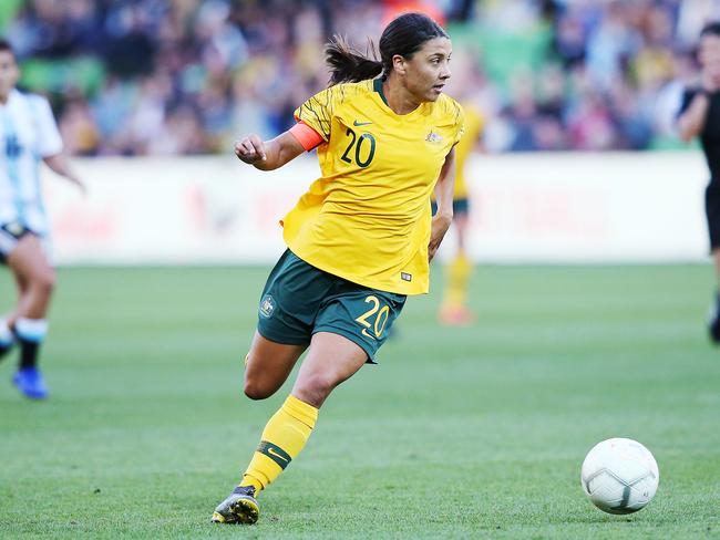 Sam Kerr runs with the ball at AAMI Park on Wednesday night. Picture: Getty Images