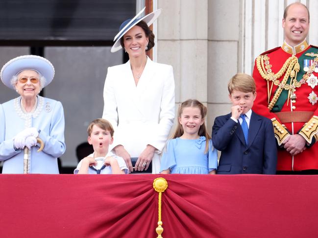 The Queen with Kate and William and their children Prince Louis, Princess Charlott and Prince George on the balcony of Buckingham Palace during Trooping The Colour on June 2. Picture: Chris Jackson/Getty Images