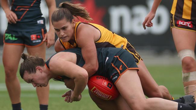 New Hawthorn vice-captain Eliza West has been one of the most important recruits of the season, ranking fourth in the AFLW for contested possessions. Picture: Daniel Pockett / Getty Images