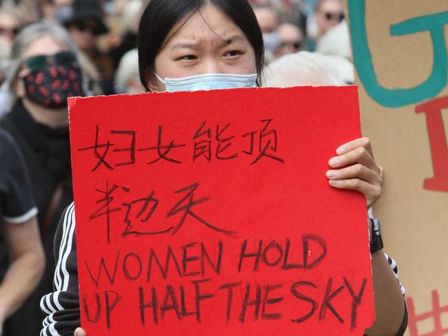 ADELAIDE, AUSTRALIA - NewsWire Photos MARCH 15, 2021: March 4 Justice - the nationwide Australian womenÃs movement - in Tarntanyangga/Victoria Square, Adelaide South Australia. Picture: NCA NewsWire / Emma Brasier