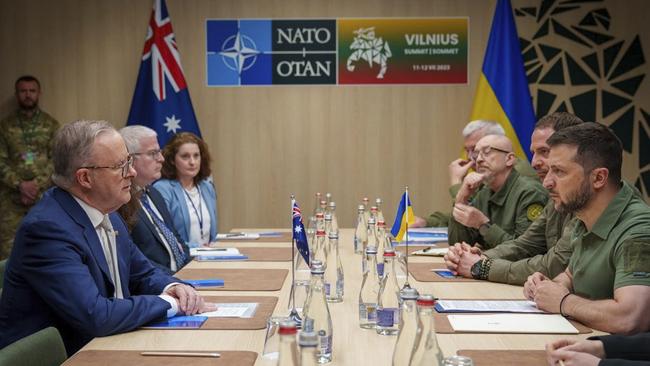 Prime Minister Anthony Albanese meets with Ukraine’s President Volodymyr Zelensky at the NATO summit in Vilnius, Lithuania. Picture: PMO.\