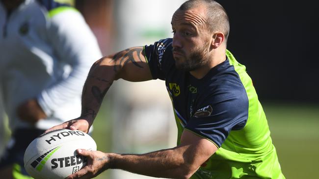 Josh Hodgson of the Raiders in action during a training session in Canberra, Tuesday, June 30, 2020. (AAP Image/Lukas Coch) NO ARCHIVING