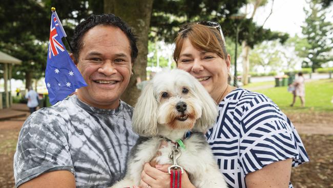 Sala Ah Cong and Petrina Holmes with Archie at the Toowoomba Australia Day celebrations at Picnic Point, Sunday, January 26, 2025. Picture: Kevin Farmer