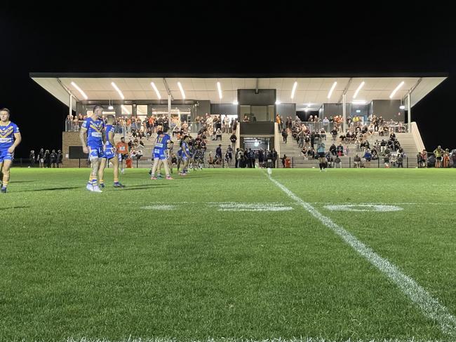 Campbelltown City prepare to kick off in front of the new stand at Dudley Chesham Sports Ground on Saturday night. Picture: Jason Hosken