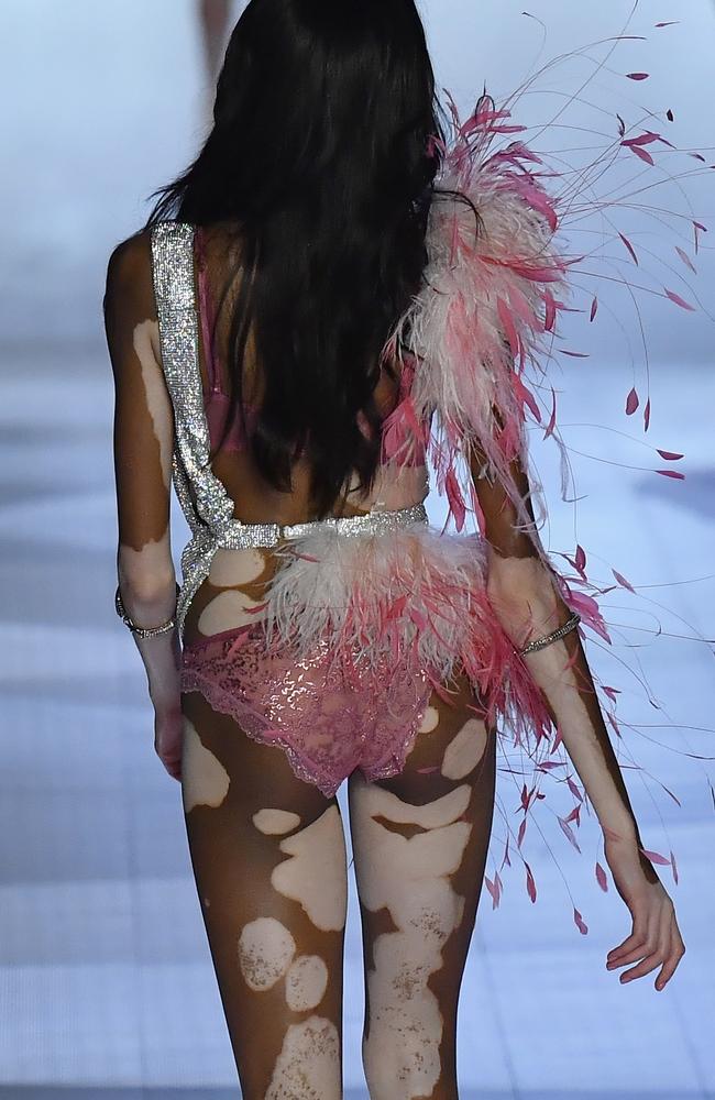 Canadian model Winnie Harlow walks the runway at the 2018 Victoria’s Secret Fashion Show on November 8, 2018 at Pier 94 in New York City.