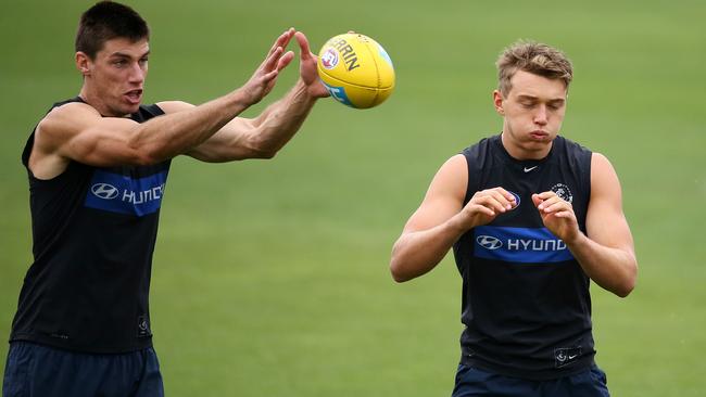 Matthew Kreuzer and Patrick Cripps at Carlton training. Picture: George Salpigtidis